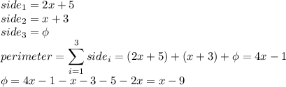 side_1=2x+5\\side_2=x+3\\side_3=\phi\\perimeter=\displaystyle\sum_{i=1}^3side_i=(2x+5)+(x+3)+\phi=4x-1\\\phi=4x-1-x-3-5-2x=x-9
