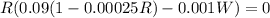 R(0.09(1 - 0.00025R) - 0.001W) = 0