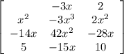 \left[\begin{array}{ccc}&-3x&2\\x^2&-3x^3&2x^2\\-14x&42x^2&-28x\\5&-15x&10\end{array}\right]