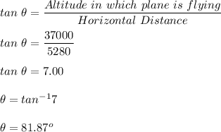 tan\ \theta = \dfrac{ Altitude \ in \ which \ plane \ is \ flying}{Horizontal \ Distance}\\\\tan \ \theta = \dfrac{37000}{5280}\\\\tan \  \theta = 7.00\\\\\theta = tan^{-1} 7\\\\\theta = 81.87^o