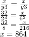\frac{x}{y {3}^{} }  =  \frac{x}{y {3}^{} }  \\  \frac{32}{ {2}^{3} }  =  \frac{x}{6 {}^{3} }  \\  \frac{32}{8}  =  \frac{x}{216} \\ x = 864
