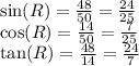\sin(R)  =  \frac{48}{50}  =  \frac{24}{25}  \\  \cos(R)  =  \frac{14}{50}  =  \frac{7}{25}  \\  \tan(R)  =  \frac{48}{14}  =  \frac{24}{7}