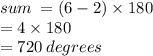 sum \:  = (6 - 2) \times 180  \\  = 4 \times 180 \\  = 720  \: degrees