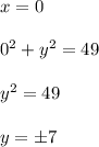 x=0\\\\0^2+y^2=49\\\\y^2=49\\\\y= \pm 7