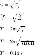 \omega = \sqrt{\frac{k}{m} } \\\\\frac{2\pi }{T} = \sqrt{\frac{k}{m} } \\\\T= 2\pi \sqrt{\frac{m}{k} } \\\\T = 2\pi \sqrt{\frac{4}{8138.41} }\\\\T = 0.14 \ s
