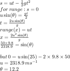 s = ut  -  \frac{1}{2} g {t}^{2}  \\ for \: range : s = 0 \\ u \sin( \theta)  =  \frac{gt}{2}  \\ t  =  \frac{2u \sin(\theta) }{g}  \\ range(x) = ut \\ x =  \frac{ {2u {}^{2}  \sin(\theta) }^{} }{g}  \\ \frac{50 \times 9.8}{ {2318.9}^{} }  =  \sin(\theta)  \\  \\but \: 0 = u \sin(25)  - 2 \times 9.8 \times 50 \\ u = 2318.9 \:  {ms}^{ - 1}  \\  \theta = 12.2 \degree