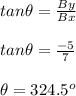 tan\theta=\frac{By}{Bx}\\\\tan\theta = \frac {-5}{7}\\\\\theta = 324.5^{o}