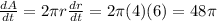 \frac{dA}{dt} = 2\pi r \frac{dr}{dt} = 2\pi(4)(6) = 48\pi