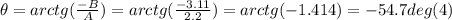 \theta = arc tg (\frac{-B}{A} )= arc tg ( \frac{-3.11}{2.2} )= arctg (-1.414) = -54.7 deg (4)