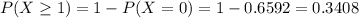 P(X \geq 1) = 1 - P(X = 0) = 1 - 0.6592 = 0.3408