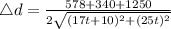 \triangle d=\frac{578+340+1250}{2\sqrt{(17t+10)^2+(25t)^2}}