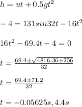 h = u t + 0.5 gt^2\\\\- 4 = 131 sin 32 t - 16 t^2\\\\16t^2 - 69.4t - 4 = 0\\\\t=\frac{69.4\pm \sqrt{4816.36 +256}}{32}\\\\t = \frac{69.4\pm71.2}{32}\\\\t = - 0.05625 s, 4.4 s