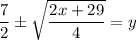\dfrac{7}{2}\pm\sqrt{\dfrac{2x+29}{4}}=y