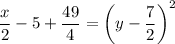 \dfrac{x}{2}-5+\dfrac{49}{4}=\left(y-\dfrac{7}{2}\right)^2