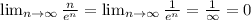 \lim_{n \rightarrow \infty} \frac{n}{e^{n}} = \lim_{n \rightarrow \infty} \frac{1}{e^{n}} = \frac{1}{\infty} = 0