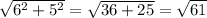 \sqrt{6^2 + 5^2} = \sqrt{36 + 25} = \sqrt{61}