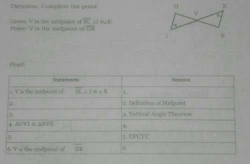 Activity 2 Direction: Complete the proof. Given: V is the midpoint of |E, angle| cong angle E Prove: