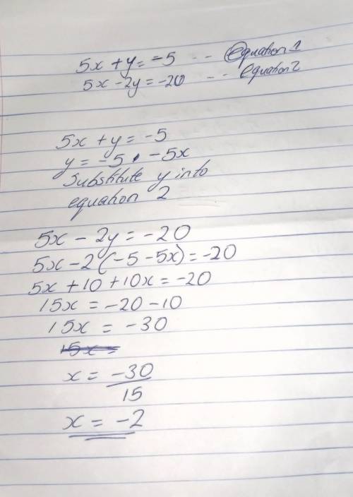 Solve the simultaneous equations
5x + y = – 5
5x - 2y = - 20