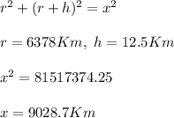r^2+(r+h)^2=x^2\\\\r=6378Km,~h=12.5Km\\\\x^2=81517374.25\\\\x=9028.7Km