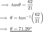 \implies tan \theta =\dfrac{62}{21} \\\\\implies\theta = tan^{-1}\bigg( \dfrac{62}{21}\bigg) \\\\\implies \underline{\underline{\theta = 71.29^o }}