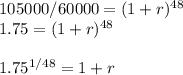 105000/60000 = (1+r)^{48}\\1.75 = (1+r)^{48}\\\\1.75^{1/48} = 1+r