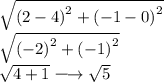 \large{ \sqrt{ {(2 - 4)}^{2}  +  {( - 1 - 0)}^{2} } } \\  \large{ \sqrt{ {( - 2)}^{2} +  {( - 1)}^{2}  } }  \\  \large{ \sqrt{4 + 1} \longrightarrow  \sqrt{5}  }
