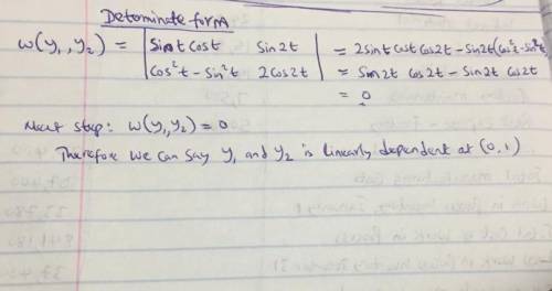 Are the functions linearly dependent on the interval (0,1)? y1=sintcost,y2=4sin2ty1=sin⁡tcos⁡t,y2=4s