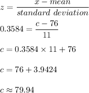 z=\dfrac{x-mean}{standard\ deviation}\\\\ 0.3584=\dfrac{c-76}{11}\\\\ c=0.3584\times11+76\\\\ c=76+3.9424\\\\ c\approx 79.94