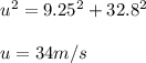 u^2 = 9.25^2 + 32.8^2 \\\\u = 34 m/s