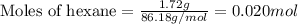 \text{Moles of hexane}=\frac{1.72g}{86.18g/mol}=0.020mol