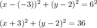 (x - (-3))^2 +  (y - 2)^2 = 6^2\\\\(x + 3)^2 + (y - 2)^2 = 36