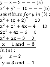 { \tt{y = x + 2 -  -  - (a)}} \\ { \tt{ {x}^{2} +  {y}^{2}  = 10 -  -  - (b) }} \\ substitute \: for \: y \: in \: (b) :  \\ { \tt{ {x}^{2}  +  {(x + 2)}^{2} = 10 }} \\ { \tt{ {x}^{2} +  {x}^{2} + 4x + 4 = 10  }} \\ { \tt{2 {x}^{2}  + 4x  - 6 = 0}} \\ { \tt{ {x}^{2} + 2x - 3 = 0 }} \\ { \boxed{ \bf{x = 1 \: and \:  - 3}}} \\ in \: (a)  :  \\ y = x + 2 \\ { \boxed{ \bf{y = 3 \: and \:  - 1}}}