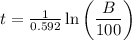 t = \frac{1}{0.592} \ln \left(\dfrac{B}{100} \right)