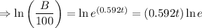 \Rightarrow \ln \left(\dfrac{B}{100} \right) = \ln e^{(0.592t)}=(0.592t)\ln e