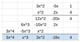Multiply the following using the vertical multiplication method: 3x^2-5x+1 
x x^2+2x+4