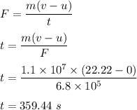 F=\dfrac{m(v-u)}{t}\\\\t=\dfrac{m(v-u)}{F}\\\\t=\dfrac{1.1\times10^7\times (22.22-0)}{6.8\times 10^5}\\\\t=359.44\ s