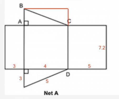 A prism and two nets are shown below: 3 in. 5 in. 7.2 in. 4 in. Prism B В B A с А D D Net A Net B Pa