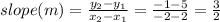 slope(m)=\frac{y_2-y_1}{x_2-x_1}=\frac{-1-5}{-2-2}=\frac{3}{2}