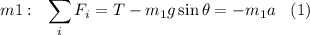 m1:\:\:\:\displaystyle \sum_i F_i = T - m_1g \sin \theta = - m_1a\:\:\:\:(1)