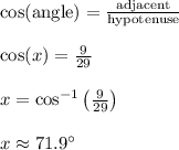 \cos(\text{angle}) = \frac{\text{adjacent}}{\text{hypotenuse}}\\\\\cos(x) = \frac{9}{29}\\\\x = \cos^{-1}\left(\frac{9}{29}\right)\\\\x \approx 71.9^{\circ}\\\\
