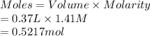 Moles = Volume \times Molarity \\= 0.37 L \times 1.41 M\\= 0.5217 mol