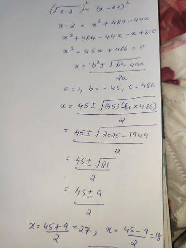 What is the solution to the equation below sqrt x-2 = x-22​