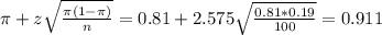 \pi + z\sqrt{\frac{\pi(1-\pi)}{n}} = 0.81 + 2.575\sqrt{\frac{0.81*0.19}{100}} = 0.911