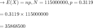 \to E(X)=np,N=115000000,p=0.3119\\\\=0.3119\times 115000000\\\\=35868500