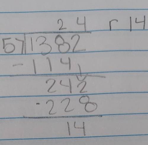 Use long division to find the quotient of 1,382 and 57. What is the remainder?

43
24
14
16