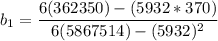 b_1 = \dfrac{6(362350) -(5932*370) }{6(5867514)-(5932)^2}