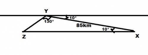 X, Y and Z are three points on a map. Y is 85km and on a bearing of 190° from X. Z is on a bearing o