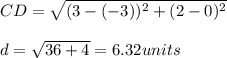 CD=\sqrt{(3-(-3))^2+(2-0)^2}\\\\d=\sqrt{36+4}=6.32units