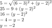 5=\sqrt{(6-3)^2+(y-2)^2}\\25=9+(y-2)^2\\16=(y-2)^2\\-4=y-2\\y=-2