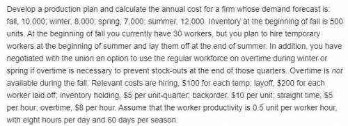 Develop a production plan and calculate the annual cost for a firm whose demand forecast is fall, 10